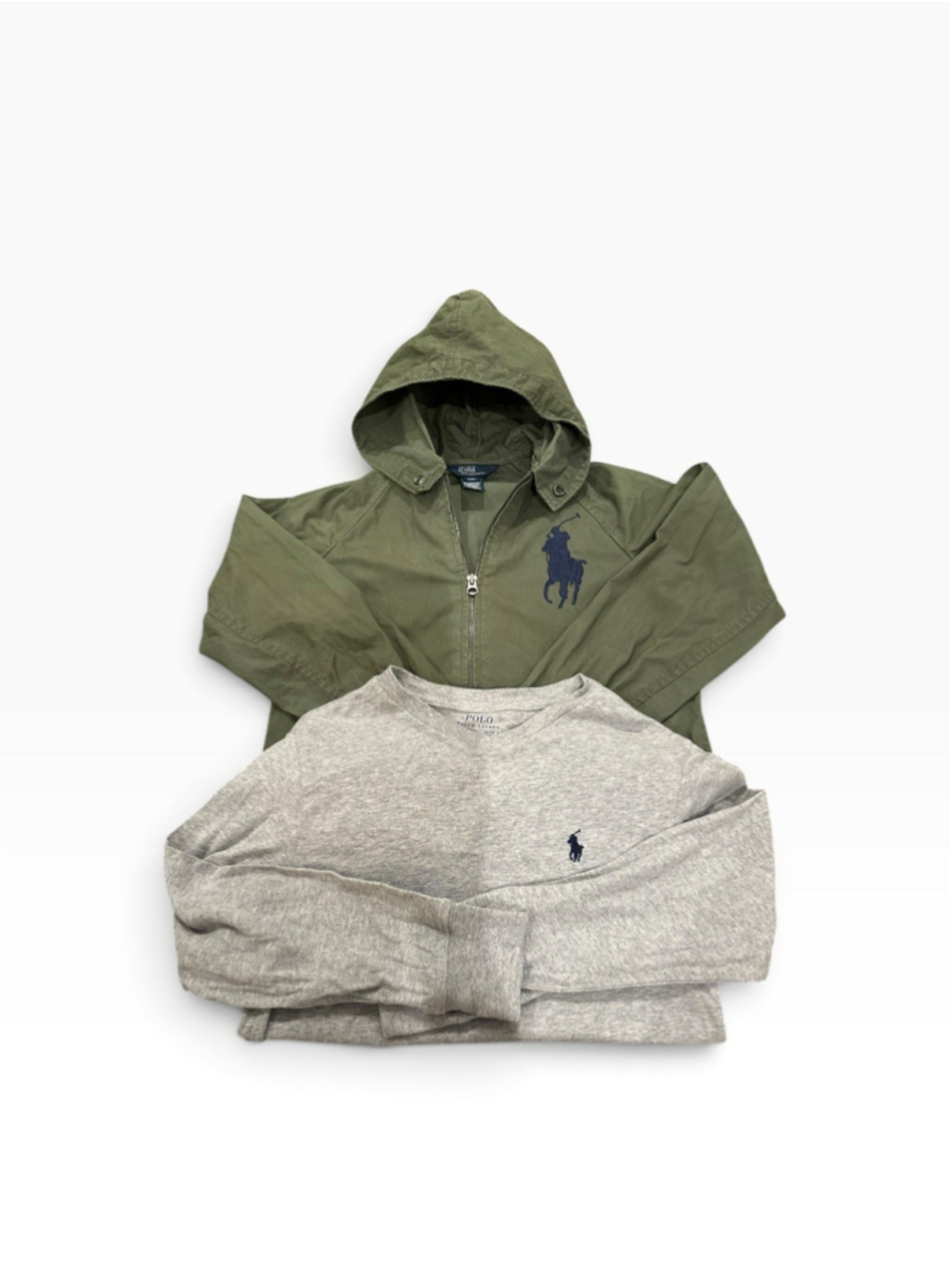 Polo Ralph Lauren Boys Bundle 8 Olive Green Jacket & Gray Long Sleeve Shirt Sz S